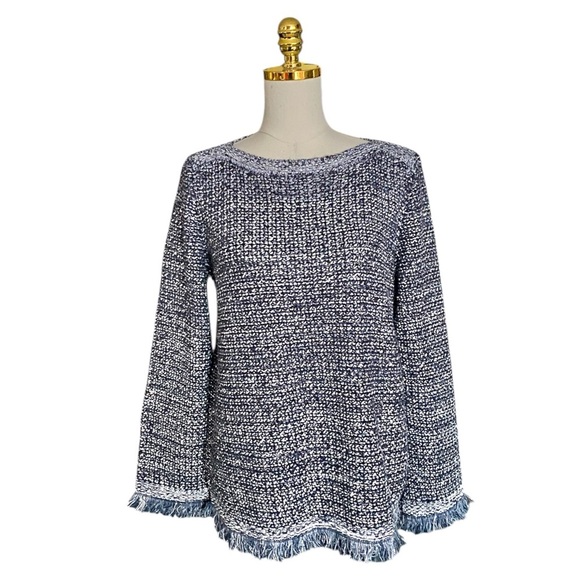 Ann Taylor Women Sequin Fringe Navy & White Metallic Chunky Knit Sweater Size XL - Picture 4 of 9